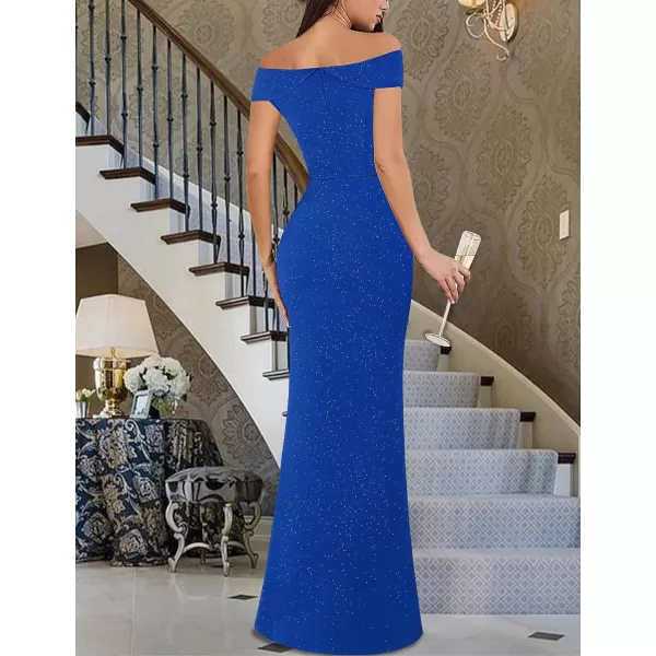 VFSHOW Womens Sexy Elegant Formal Prom Off Shoulder Ruffle High Slit Maxi Dress 2023 3D Flower Applique Cocktail Evening GownSparkly Royal Blue