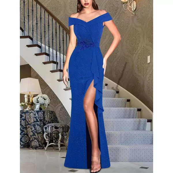 VFSHOW Womens Sexy Elegant Formal Prom Off Shoulder Ruffle High Slit Maxi Dress 2023 3D Flower Applique Cocktail Evening GownSparkly Royal Blue