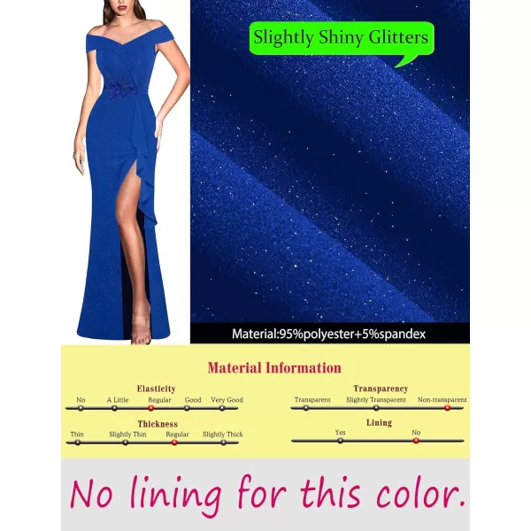 VFSHOW Womens Sexy Elegant Formal Prom Off Shoulder Ruffle High Slit Maxi Dress 2023 3D Flower Applique Cocktail Evening GownSparkly Royal Blue