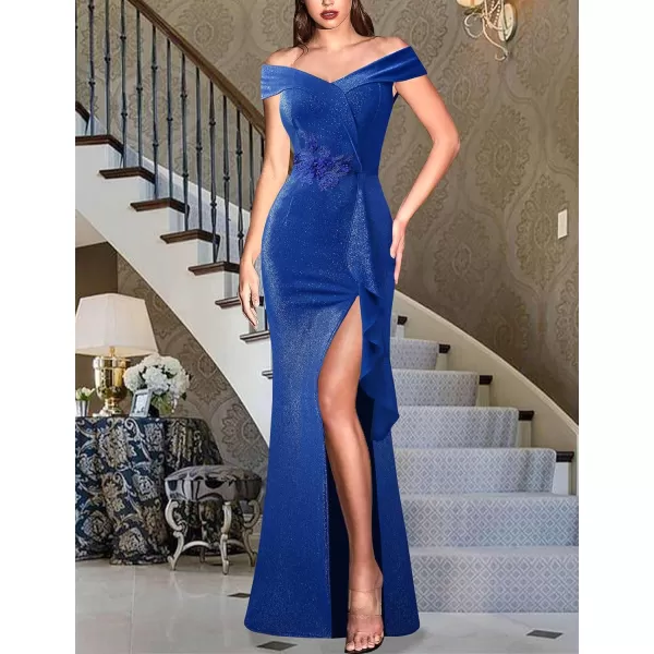VFSHOW Womens Sexy Elegant Formal Prom Off Shoulder Ruffle High Slit Maxi Dress 2023 3D Flower Applique Cocktail Evening GownSparkly Royal Blueb
