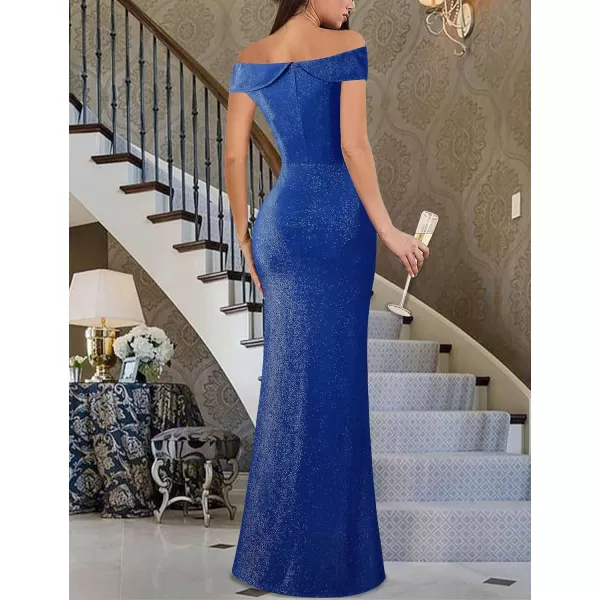 VFSHOW Womens Sexy Elegant Formal Prom Off Shoulder Ruffle High Slit Maxi Dress 2023 3D Flower Applique Cocktail Evening GownSparkly Royal Blueb