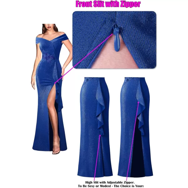 VFSHOW Womens Sexy Elegant Formal Prom Off Shoulder Ruffle High Slit Maxi Dress 2023 3D Flower Applique Cocktail Evening GownSparkly Royal Blueb