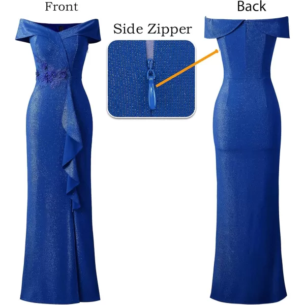 VFSHOW Womens Sexy Elegant Formal Prom Off Shoulder Ruffle High Slit Maxi Dress 2023 3D Flower Applique Cocktail Evening GownSparkly Royal Blueb