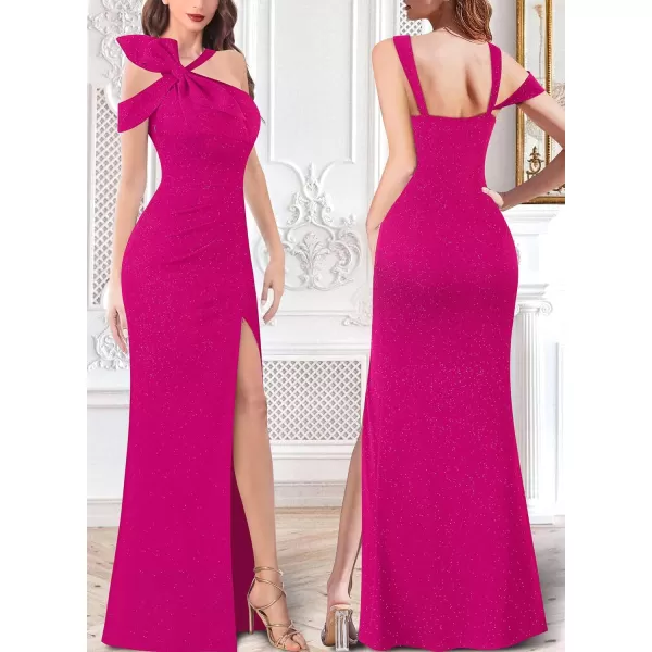 VFSHOW Womens Sexy Formal Prom Halter V Neck Ruched High Slit Maxi Dress 3D Bowknot Wedding Guest Cocktail Evening Long GownSparkly Hot Pink