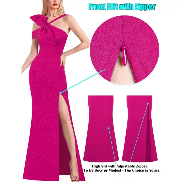 VFSHOW Womens Sexy Formal Prom Halter V Neck Ruched High Slit Maxi Dress 3D Bowknot Wedding Guest Cocktail Evening Long GownSparkly Hot Pink