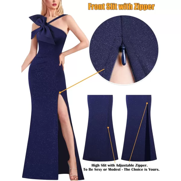 VFSHOW Womens Sexy Formal Prom Halter V Neck Ruched High Slit Maxi Dress 3D Bowknot Wedding Guest Cocktail Evening Long GownSparkly Navy Blue