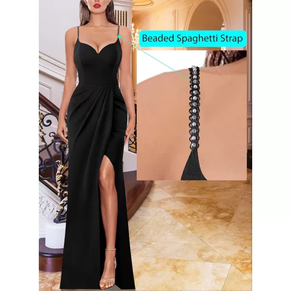 VFSHOW Womens Sexy Formal Ruched Fitted High Slit Bodycon Maxi Dress Spaghetti Strap Sweetheart Cocktail Prom Evening GownBlack