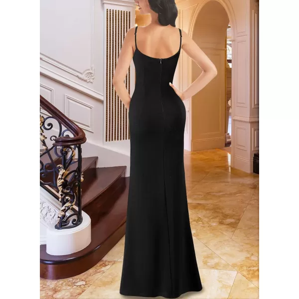 VFSHOW Womens Sexy Formal Ruched Fitted High Slit Bodycon Maxi Dress Spaghetti Strap Sweetheart Cocktail Prom Evening GownBlack