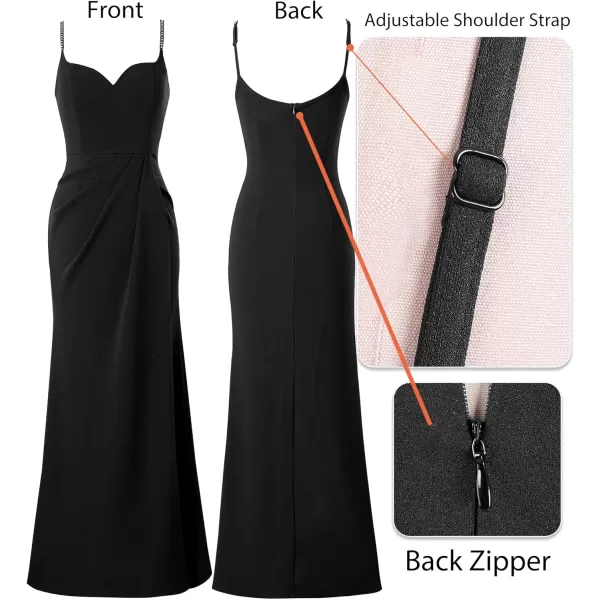 VFSHOW Womens Sexy Formal Ruched Fitted High Slit Bodycon Maxi Dress Spaghetti Strap Sweetheart Cocktail Prom Evening GownBlack