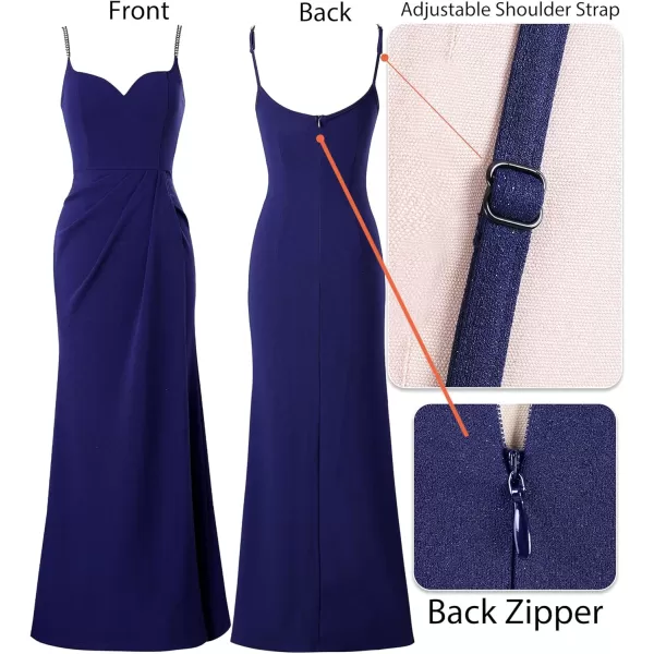 VFSHOW Womens Sexy Formal Ruched Fitted High Slit Bodycon Maxi Dress Spaghetti Strap Sweetheart Cocktail Prom Evening GownNavy Blue