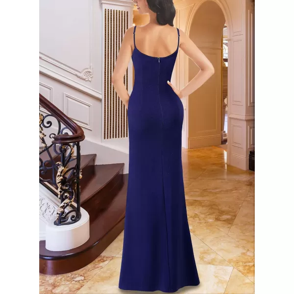 VFSHOW Womens Sexy Formal Ruched Fitted High Slit Bodycon Maxi Dress Spaghetti Strap Sweetheart Cocktail Prom Evening GownNavy Blue