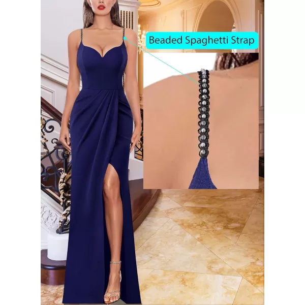 VFSHOW Womens Sexy Formal Ruched Fitted High Slit Bodycon Maxi Dress Spaghetti Strap Sweetheart Cocktail Prom Evening GownNavy Blue