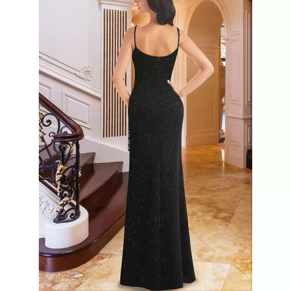 VFSHOW Womens Sexy Formal Ruched Fitted High Slit Bodycon Maxi Dress Spaghetti Strap Sweetheart Cocktail Prom Evening GownSparkly Black4