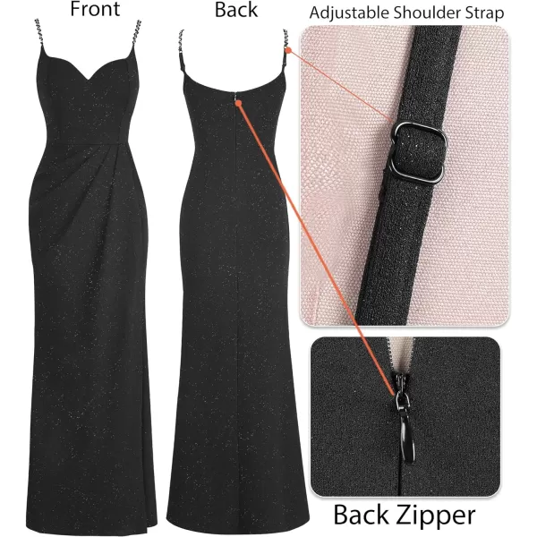 VFSHOW Womens Sexy Formal Ruched Fitted High Slit Bodycon Maxi Dress Spaghetti Strap Sweetheart Cocktail Prom Evening GownSparkly Black4