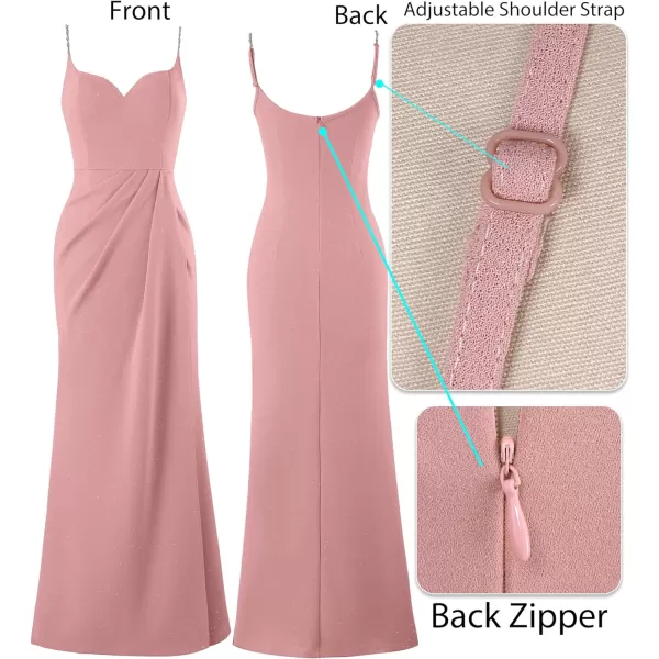 VFSHOW Womens Sexy Formal Ruched Fitted High Slit Bodycon Maxi Dress Spaghetti Strap Sweetheart Cocktail Prom Evening GownSparkly Dusty Pink