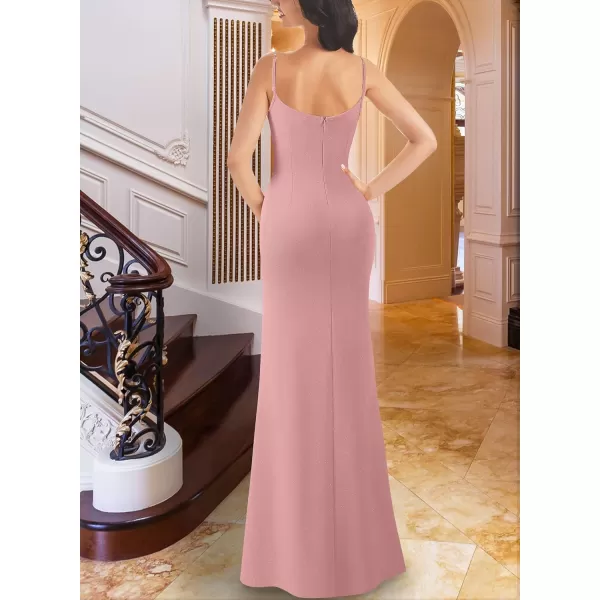 VFSHOW Womens Sexy Formal Ruched Fitted High Slit Bodycon Maxi Dress Spaghetti Strap Sweetheart Cocktail Prom Evening GownSparkly Dusty Pink