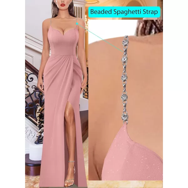 VFSHOW Womens Sexy Formal Ruched Fitted High Slit Bodycon Maxi Dress Spaghetti Strap Sweetheart Cocktail Prom Evening GownSparkly Dusty Pink