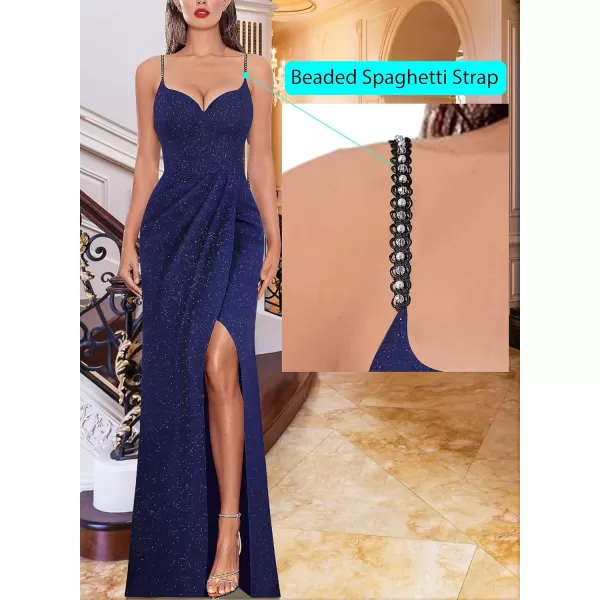 VFSHOW Womens Sexy Formal Ruched Fitted High Slit Bodycon Maxi Dress Spaghetti Strap Sweetheart Cocktail Prom Evening GownSparkly Navy Blue4