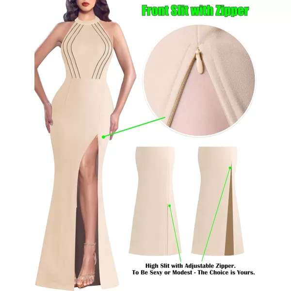 VFSHOW Womens Sexy Glitter Halter Neck Silver Chain Formal Prom Wedding Guest Evening Dress Maxi Long High Zipper Slit GownSparkly Beige