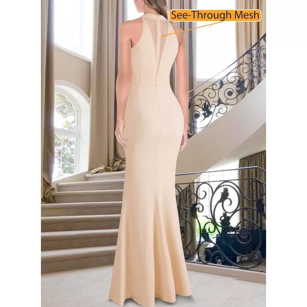 VFSHOW Womens Sexy Glitter Halter Neck Silver Chain Formal Prom Wedding Guest Evening Dress Maxi Long High Zipper Slit GownSparkly Beige