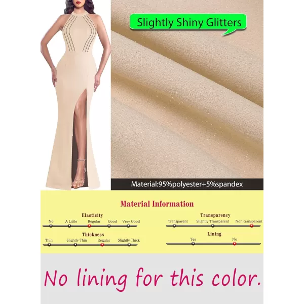 VFSHOW Womens Sexy Glitter Halter Neck Silver Chain Formal Prom Wedding Guest Evening Dress Maxi Long High Zipper Slit GownSparkly Beige