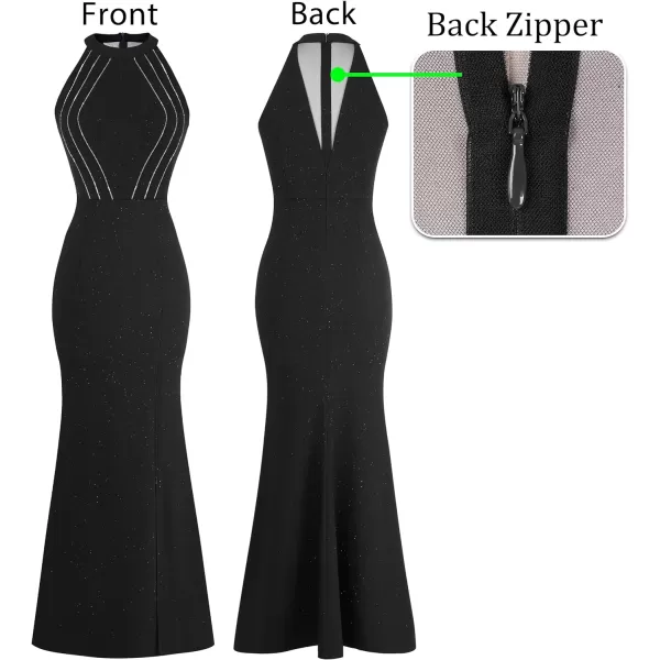 VFSHOW Womens Sexy Glitter Halter Neck Silver Chain Formal Prom Wedding Guest Evening Dress Maxi Long High Zipper Slit GownSparkly Black