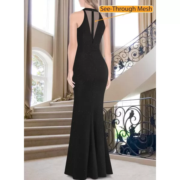 VFSHOW Womens Sexy Glitter Halter Neck Silver Chain Formal Prom Wedding Guest Evening Dress Maxi Long High Zipper Slit GownSparkly Black