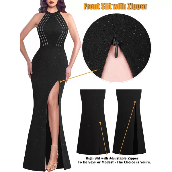 VFSHOW Womens Sexy Glitter Halter Neck Silver Chain Formal Prom Wedding Guest Evening Dress Maxi Long High Zipper Slit GownSparkly Black