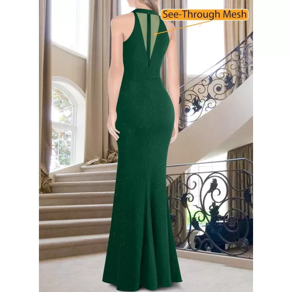 VFSHOW Womens Sexy Glitter Halter Neck Silver Chain Formal Prom Wedding Guest Evening Dress Maxi Long High Zipper Slit GownSparkly Dark Green