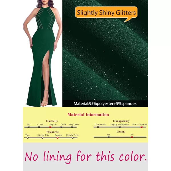 VFSHOW Womens Sexy Glitter Halter Neck Silver Chain Formal Prom Wedding Guest Evening Dress Maxi Long High Zipper Slit GownSparkly Dark Green