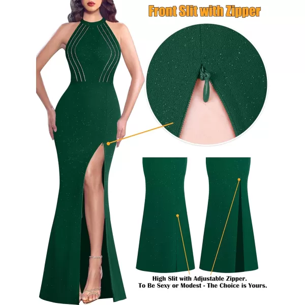 VFSHOW Womens Sexy Glitter Halter Neck Silver Chain Formal Prom Wedding Guest Evening Dress Maxi Long High Zipper Slit GownSparkly Dark Green