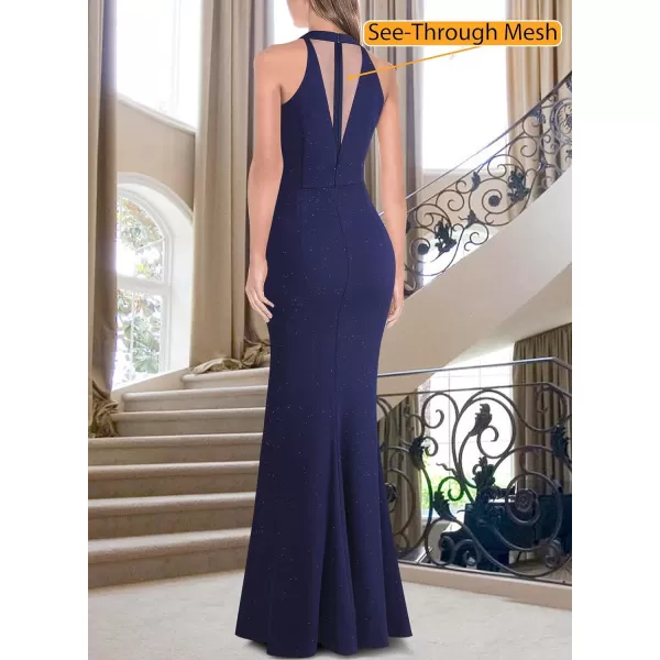 VFSHOW Womens Sexy Glitter Halter Neck Silver Chain Formal Prom Wedding Guest Evening Dress Maxi Long High Zipper Slit GownSparkly Navy Blue