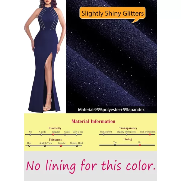 VFSHOW Womens Sexy Glitter Halter Neck Silver Chain Formal Prom Wedding Guest Evening Dress Maxi Long High Zipper Slit GownSparkly Navy Blue