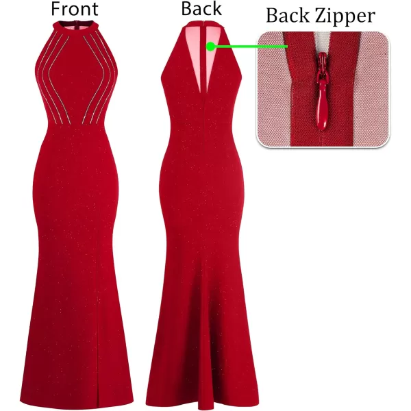 VFSHOW Womens Sexy Glitter Halter Neck Silver Chain Formal Prom Wedding Guest Evening Dress Maxi Long High Zipper Slit GownSparkly Red