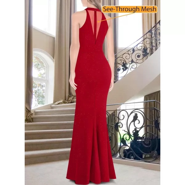 VFSHOW Womens Sexy Glitter Halter Neck Silver Chain Formal Prom Wedding Guest Evening Dress Maxi Long High Zipper Slit GownSparkly Red