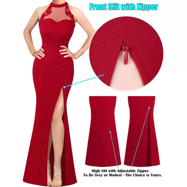 VFSHOW Womens Sexy Halter High Slit Formal Wedding Guest Prom Maxi Long Dress 2023 Illusion Sweetheart Neck Evening GownSparkly Red