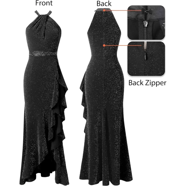 VFSHOW Womens Sexy Halter Neck Beaded Ruffle Slit Prom Formal Maxi Dress 2023 Wedding Guest Twist Front Cocktail Evening GownShiny Black With Beads