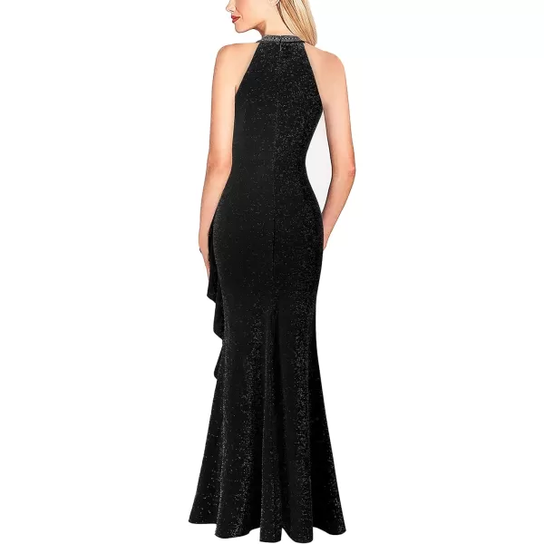 VFSHOW Womens Sexy Halter Neck Beaded Ruffle Slit Prom Formal Maxi Dress 2023 Wedding Guest Twist Front Cocktail Evening GownShiny Black With Beads