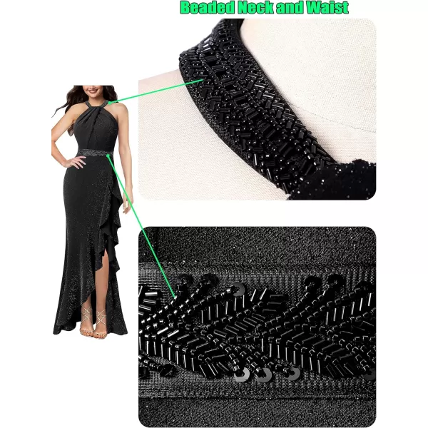 VFSHOW Womens Sexy Halter Neck Beaded Ruffle Slit Prom Formal Maxi Dress 2023 Wedding Guest Twist Front Cocktail Evening GownShiny Black With Beads