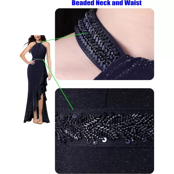 VFSHOW Womens Sexy Halter Neck Beaded Ruffle Slit Prom Formal Maxi Dress 2023 Wedding Guest Twist Front Cocktail Evening GownShiny Navy Blue