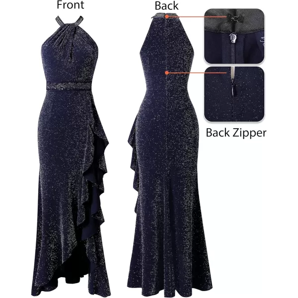 VFSHOW Womens Sexy Halter Neck Beaded Ruffle Slit Prom Formal Maxi Dress 2023 Wedding Guest Twist Front Cocktail Evening GownShiny Navy Blue