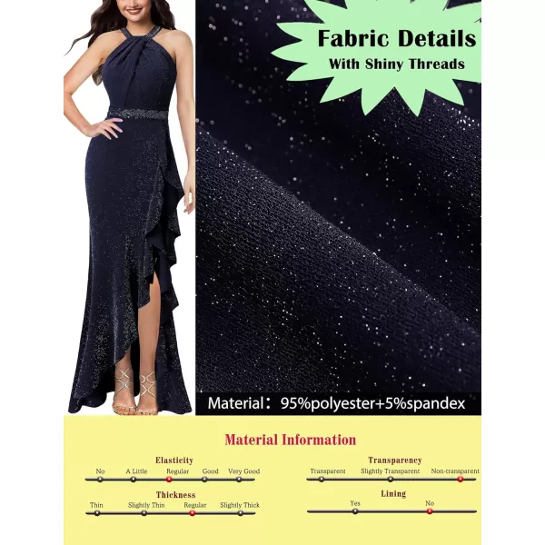 VFSHOW Womens Sexy Halter Neck Beaded Ruffle Slit Prom Formal Maxi Dress 2023 Wedding Guest Twist Front Cocktail Evening GownShiny Navy Blue