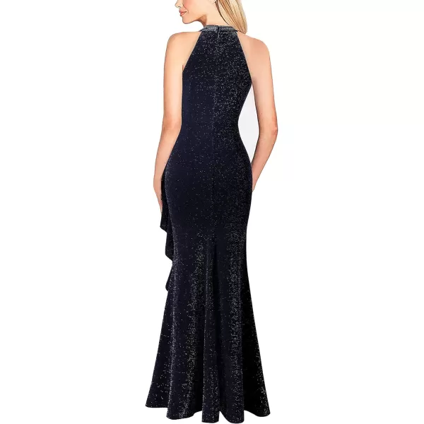 VFSHOW Womens Sexy Halter Neck Beaded Ruffle Slit Prom Formal Maxi Dress 2023 Wedding Guest Twist Front Cocktail Evening GownShiny Navy Blue