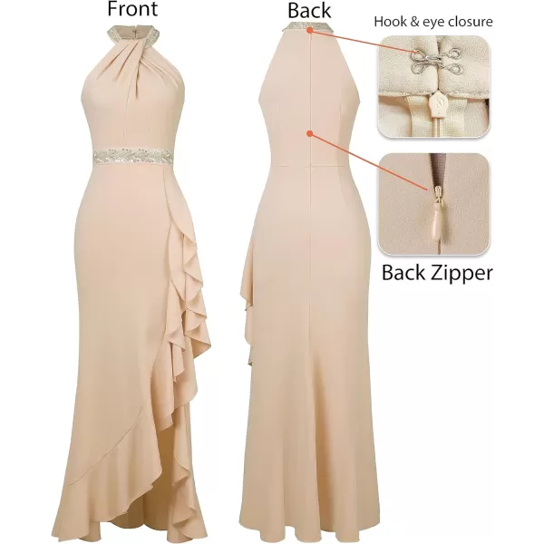 VFSHOW Womens Sexy Halter Neck Beaded Ruffle Slit Prom Formal Maxi Dress 2023 Wedding Guest Twist Front Cocktail Evening GownSparkly Apricot