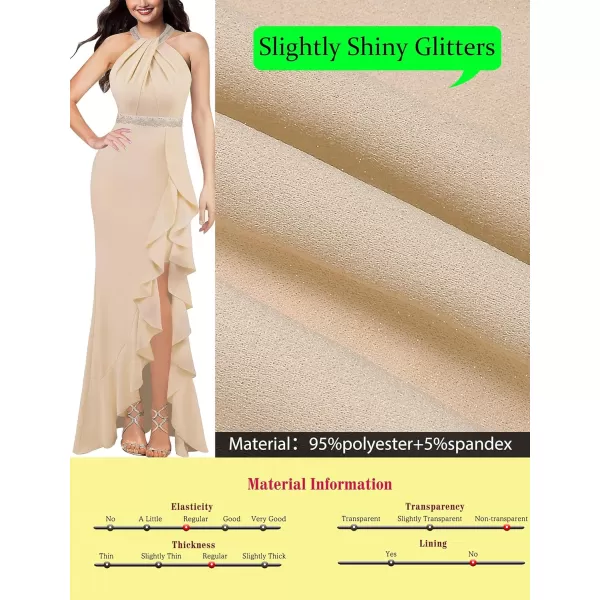 VFSHOW Womens Sexy Halter Neck Beaded Ruffle Slit Prom Formal Maxi Dress 2023 Wedding Guest Twist Front Cocktail Evening GownSparkly Apricot