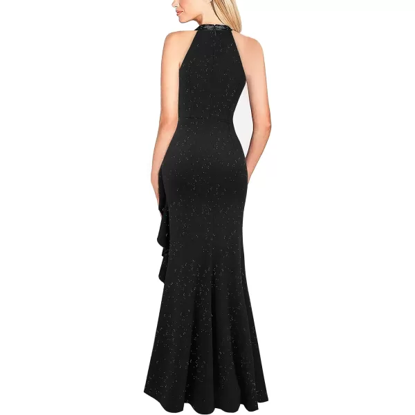 VFSHOW Womens Sexy Halter Neck Beaded Ruffle Slit Prom Formal Maxi Dress 2023 Wedding Guest Twist Front Cocktail Evening GownSparkly Black