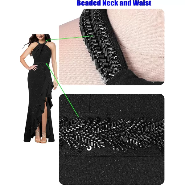 VFSHOW Womens Sexy Halter Neck Beaded Ruffle Slit Prom Formal Maxi Dress 2023 Wedding Guest Twist Front Cocktail Evening GownSparkly Black