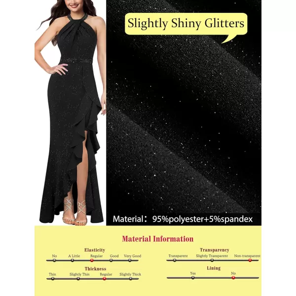 VFSHOW Womens Sexy Halter Neck Beaded Ruffle Slit Prom Formal Maxi Dress 2023 Wedding Guest Twist Front Cocktail Evening GownSparkly Black