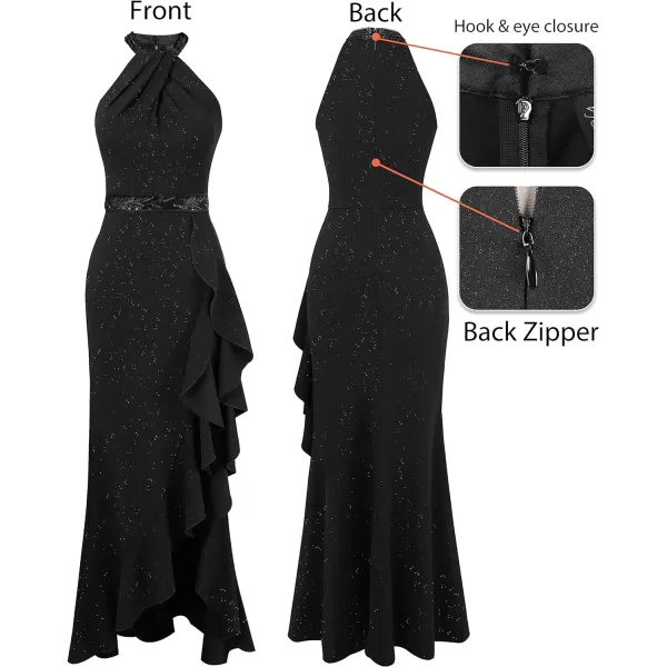 VFSHOW Womens Sexy Halter Neck Beaded Ruffle Slit Prom Formal Maxi Dress 2023 Wedding Guest Twist Front Cocktail Evening GownSparkly Black