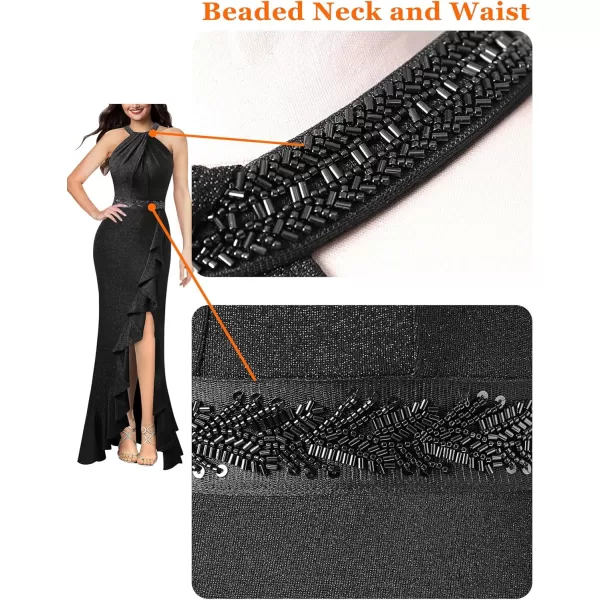 VFSHOW Womens Sexy Halter Neck Beaded Ruffle Slit Prom Formal Maxi Dress 2023 Wedding Guest Twist Front Cocktail Evening GownSparkly Black2